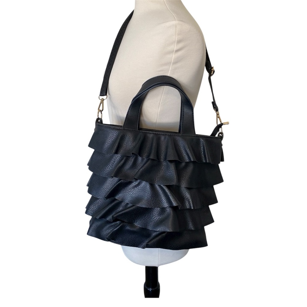 Black Ruffle Handbag Womens Faux Leather Crossbody Shoulder Purse Gold Hardware